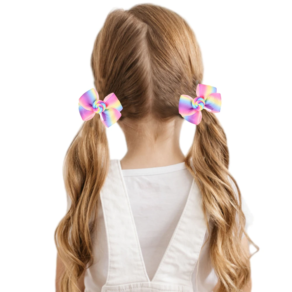 ncmama 2PCS Lovely Lollipop Hair Bow Clips Sweet Girls Candy Hairpins Rainbow Ribbon Bowknote Barrettes Kids Hair Accessories