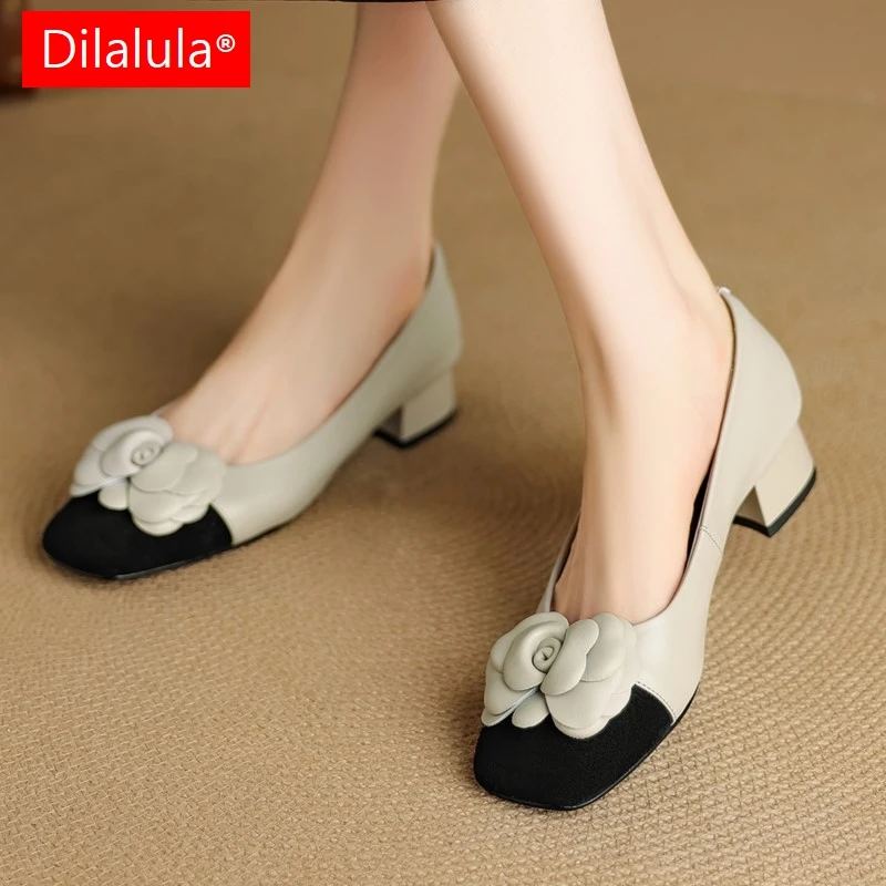 

Dilalula 2025 Real Leather Flower Dec Pumps Women Square Toe Mixed Color Med Thick Heels Office Ladies Dress Shoes Party Female