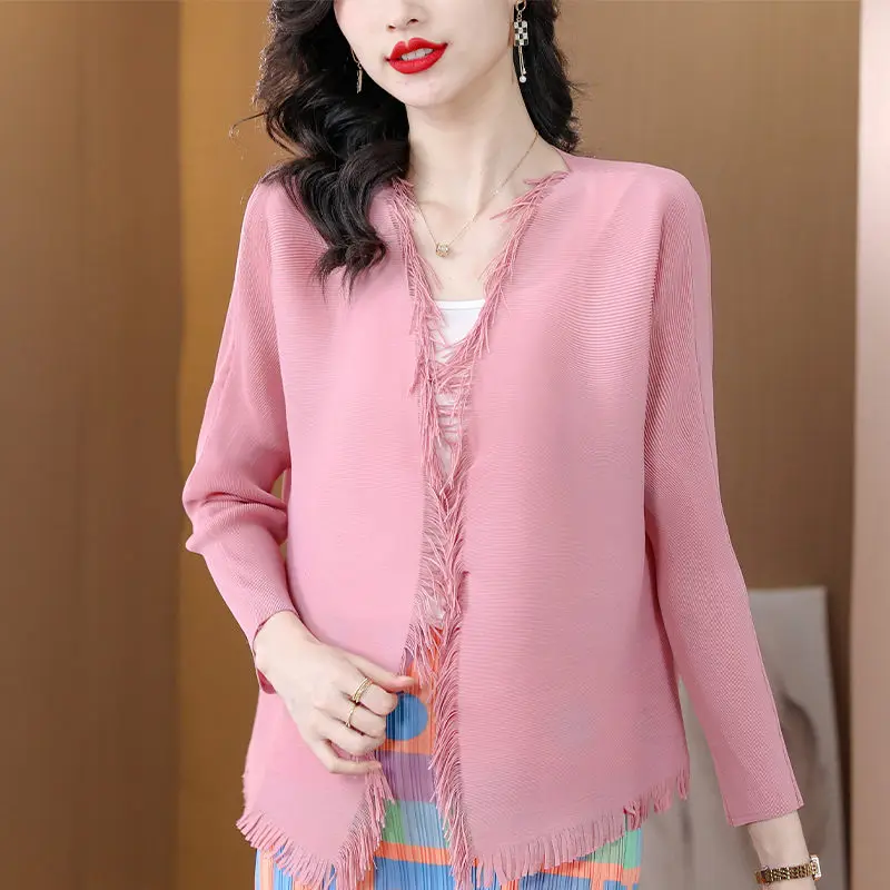 

2023 Spring And Summer Fur Fringes Edge Shawl Cardigan Thin Style Sunscreen Shirt Long-Sleeved Coat Woman Casual Tops Z581