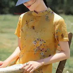 2026 chinese vintage dress qipao women national flower print dress cotton linen qipao traditional improved cheongsam dress