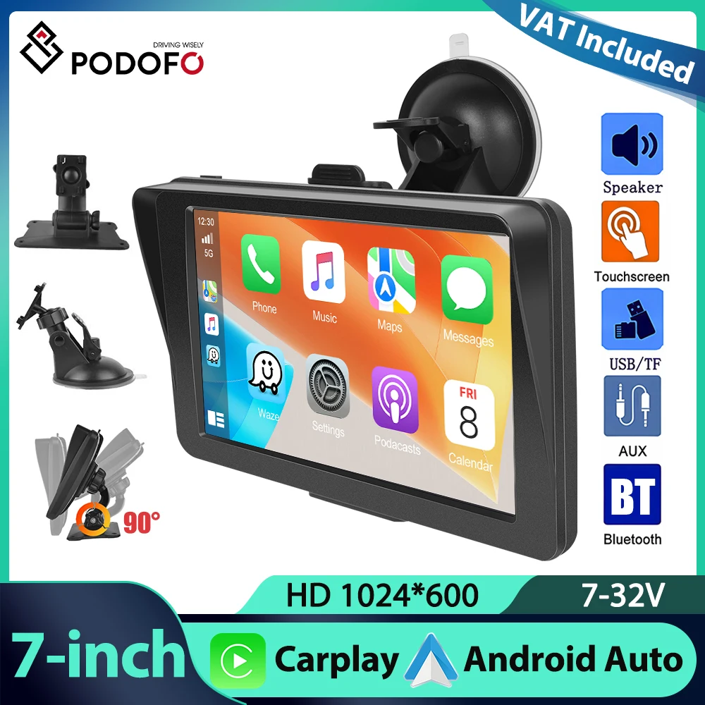Podofo 7'' Smart Screen Player AirPlay Carplay Android Auto Sprachsteuerung Bluetooth Armaturenbrett AUX Tragbarer Auto-Monitor Auto-DVR