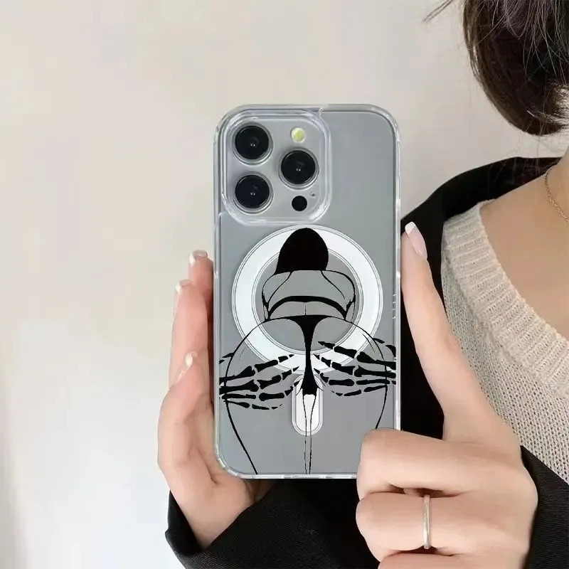Luxuriöse Kunst-Skizzen Magnetisch Kompatible Mädchen-Handyhülle für iPhone 11 12 13 14 15 16 17 Pro Max 16 Plus Schlanke Schutzhülle ﻿ ﻿ ﻿ ﻿