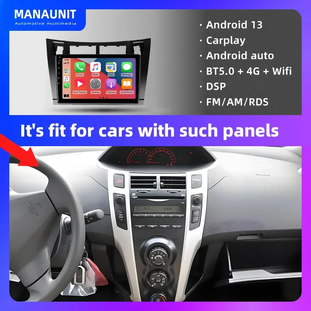 Car Multimedia Player for Toyota Yaris 2005-2012 Cut frame,Carplay,Android Auto,Radio,Navigation,DVD,GPS,Stereo,Head Unit,BT5