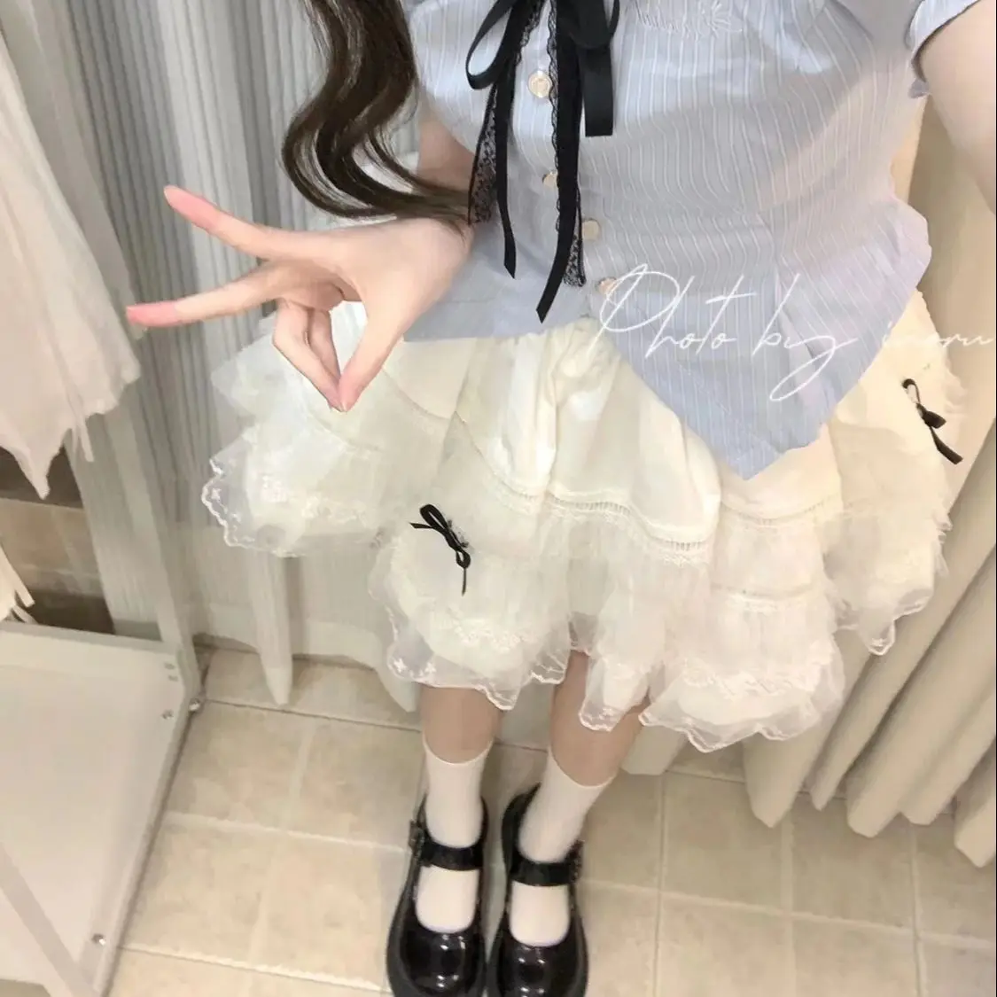 Japan College Style Vintage Two Piece Set Women Bow Sweet Kawaii Mini Skirts Suit Female Puff Sleeve Blouse + Cute Cake Skirt