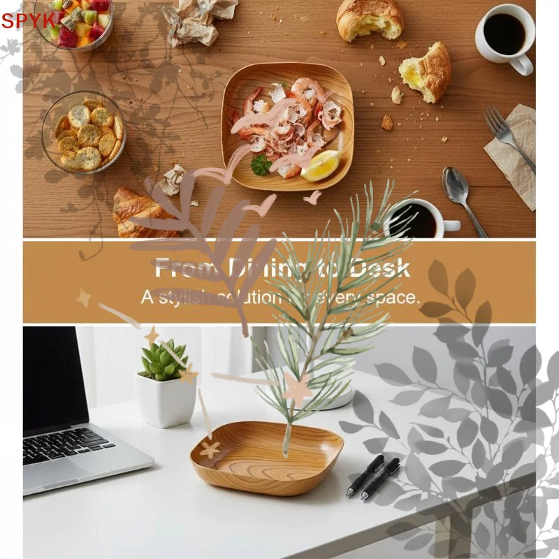 Imitation Wood Grain Plastic Square Plate Multi: Purpose Food Fruit Snack Serving Tray Bone Dish