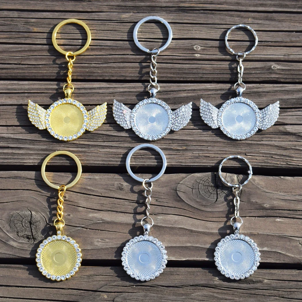 Custom Logo Photo Keychain Keyring Personalized Glass Cabochon Charming Crystal Angel Wing Pendant Jewelry Women Men Party Gifts