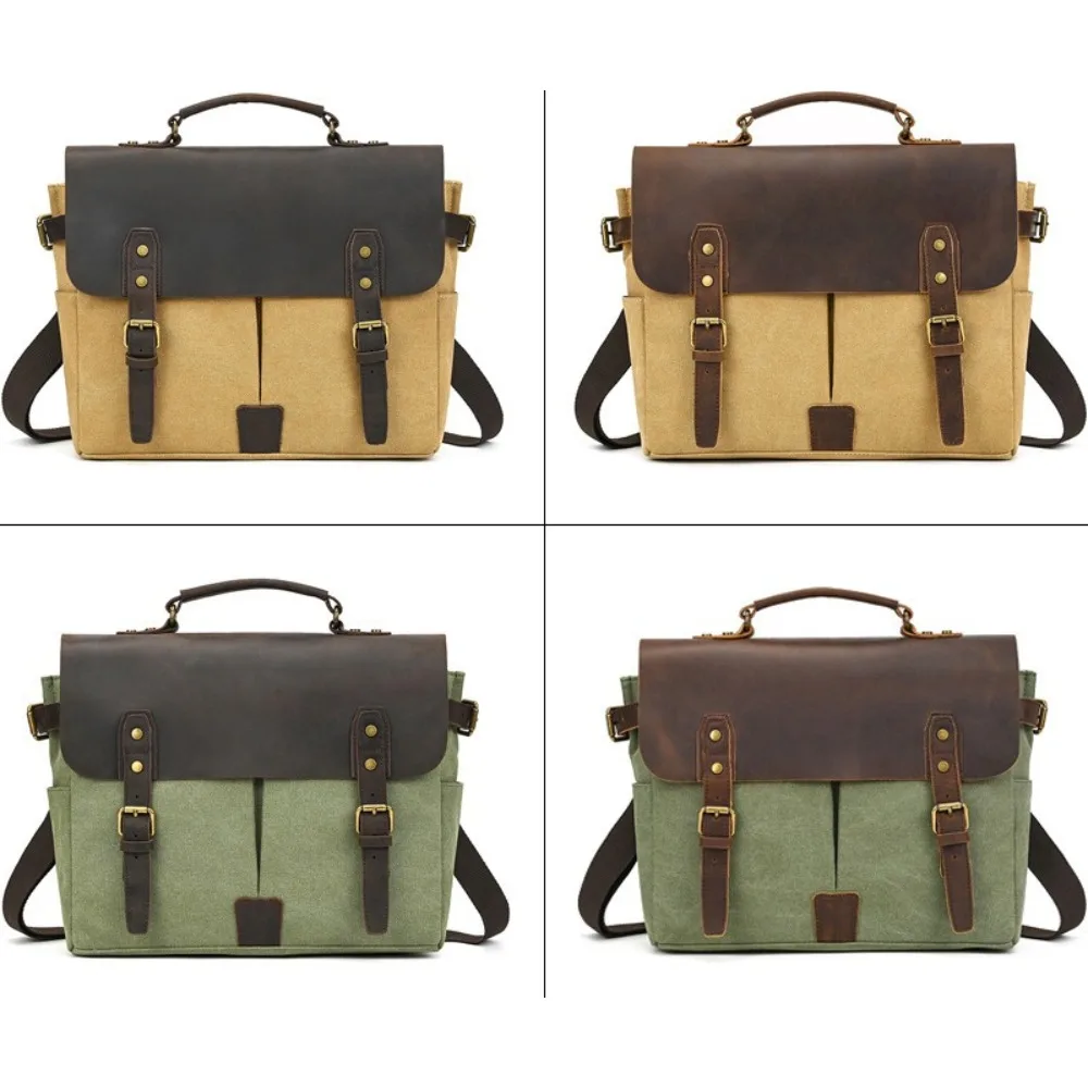 Men's Retro Canvas with Leather Handbag Leather Briefcase Versatile Simple Going Computer High Fashion Crossbody Shoulder Bag