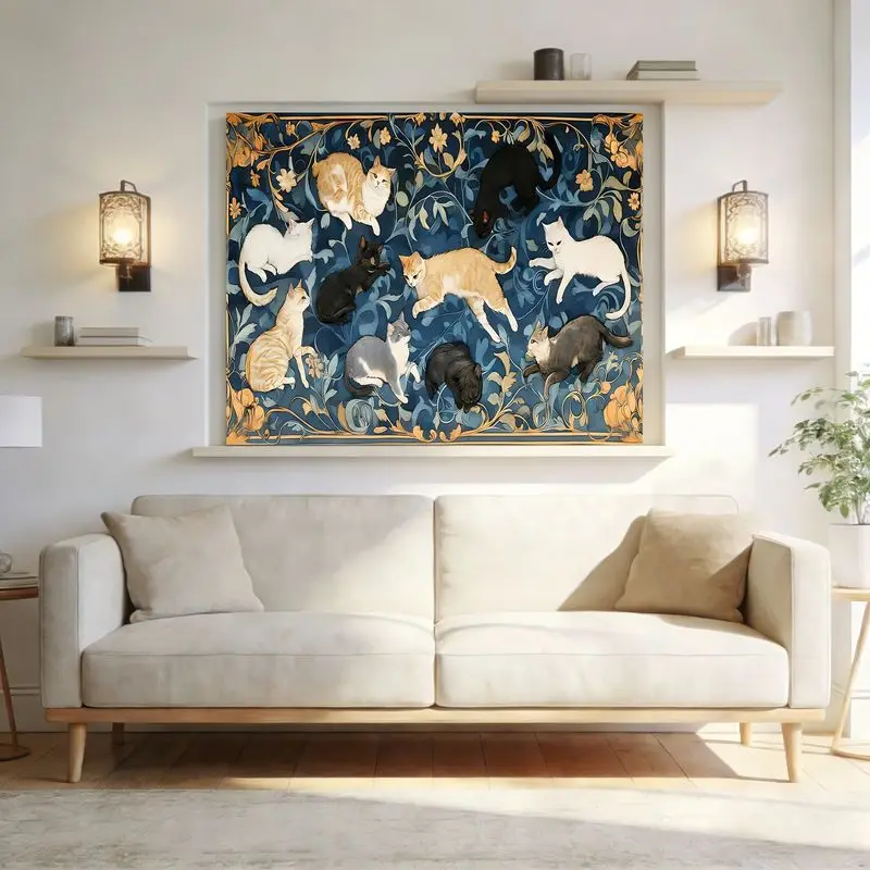 VIKAMA Vintage Floral Cat Tapestry, Vine-Patterned Kitten Wall Hanging, Home Decor for the Living Room and Bedroom