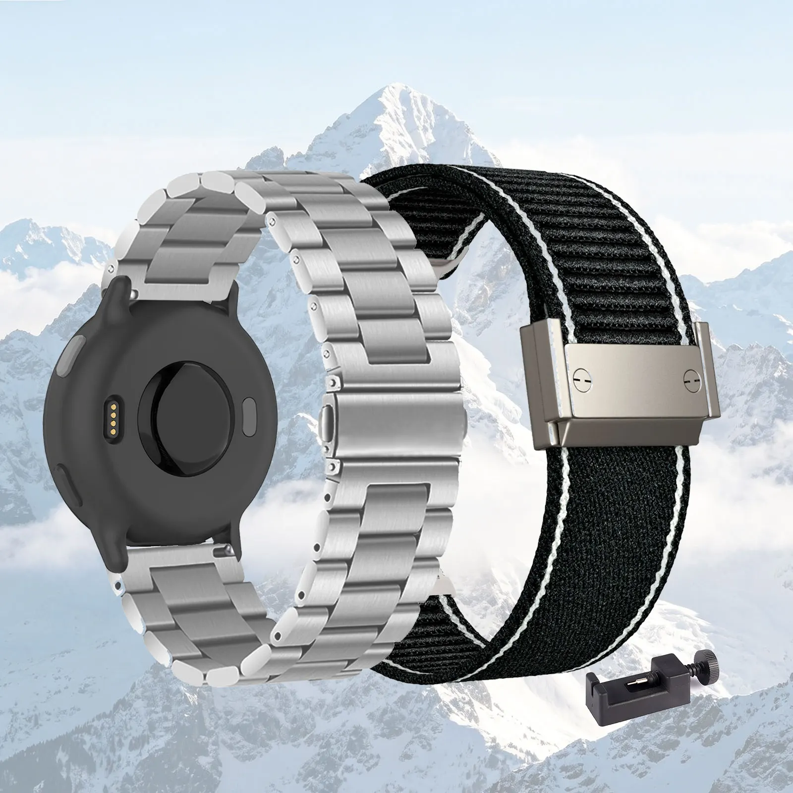 2pcs Bands for Garmin Venu/Venu 2 Plus/Venu Sq/Venu Sq Music/Venu Sq 2/Venu Sq 2 Music One Metal Strap and One Nylon Strap