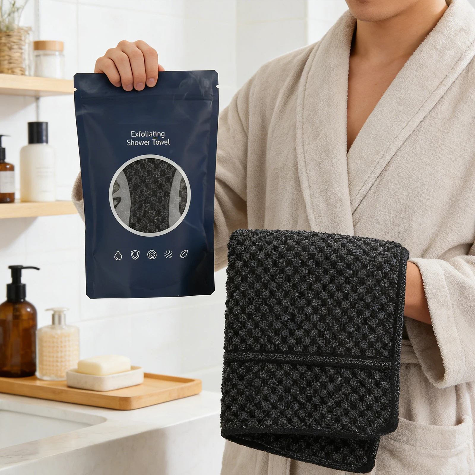 Exfoliating Bath Towel Nylon Deep Cleansing Black Check Body Scrub Cloth Soft Comfortable Shower Towel For Home Skin Care Clean