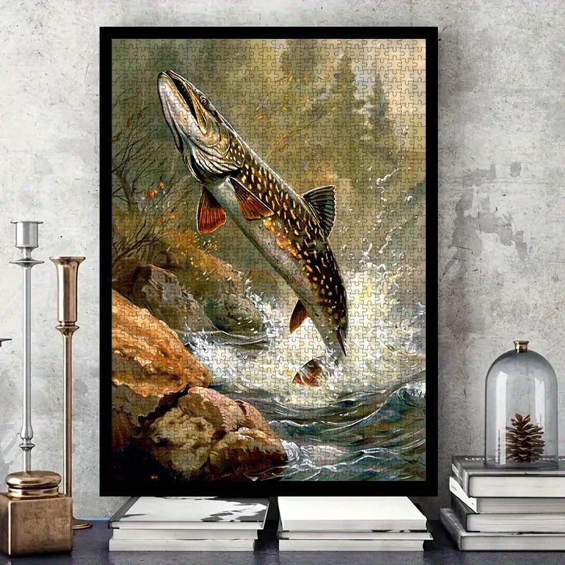 1000pcs DIY Paper Puzzle - Jumping Bass Fish in Action, High-Quality White Cardboard, Ideal for Family Bonding, Relaxation, an