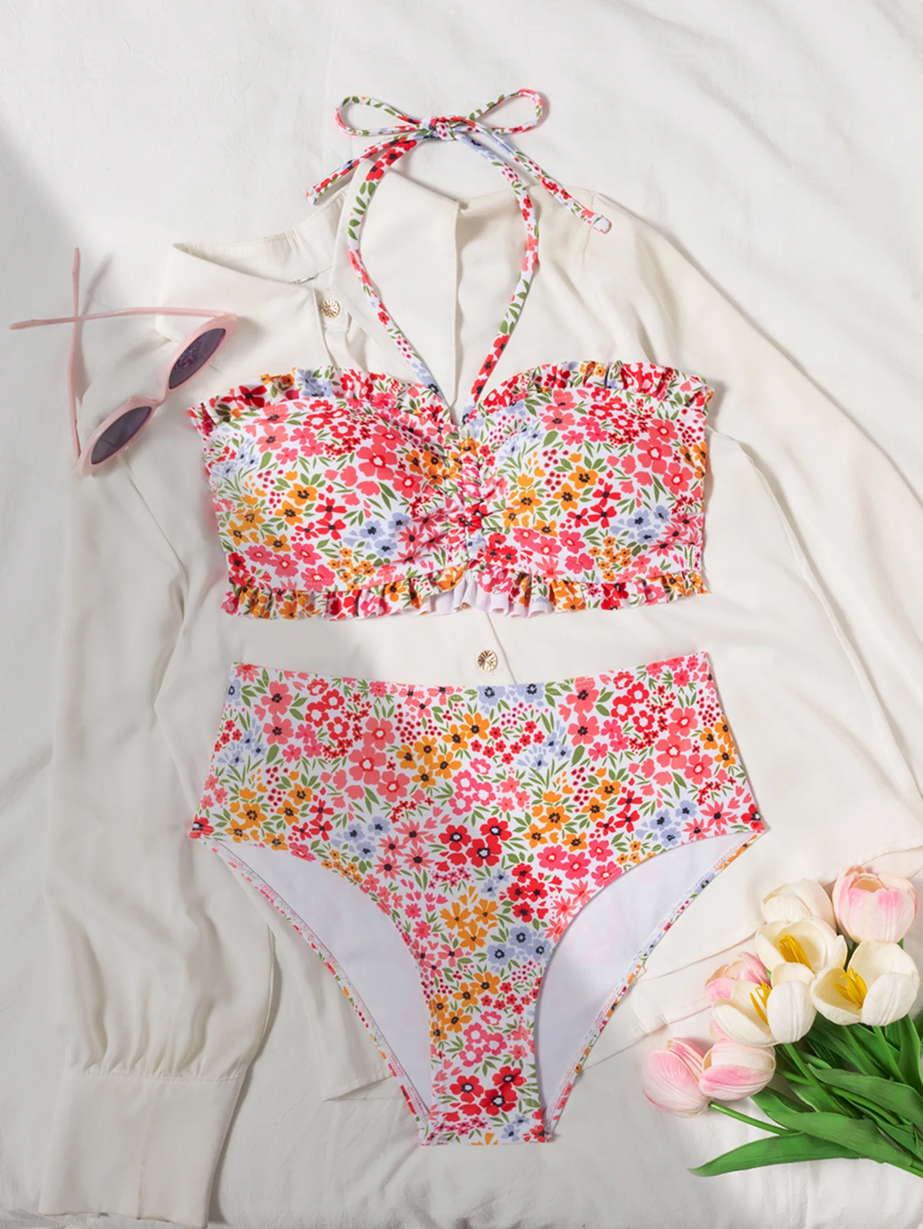 Vintage Pink Floral Print Bikini 2025 Women Pleate Ruffles Push Up High Waist Swimsuit Summer Bathing Suit Pool 2 Piece Swimwear
