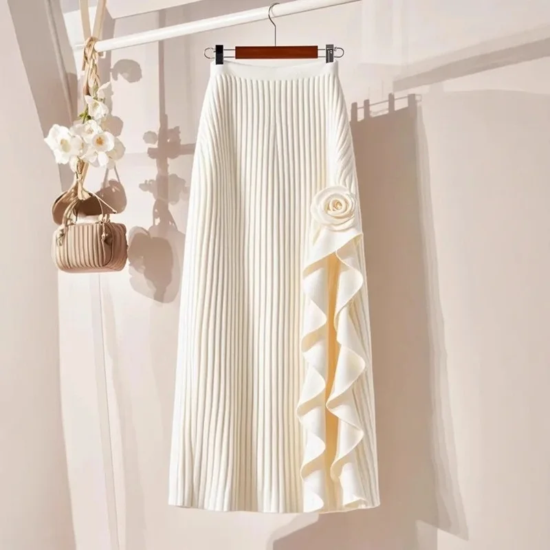 Spring Autumn Winter Women White Black Flower Skirts Elastic High Waist A-line Pleated Skirt Midi Skirt Female Elegant Skirts