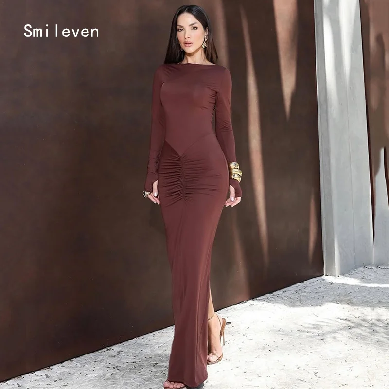 

Smileven Novel Brown Pleat Mermaid Prom Dress Scoop Party Gowns Formal Full Sleeve Occassion Dress Customized 2026