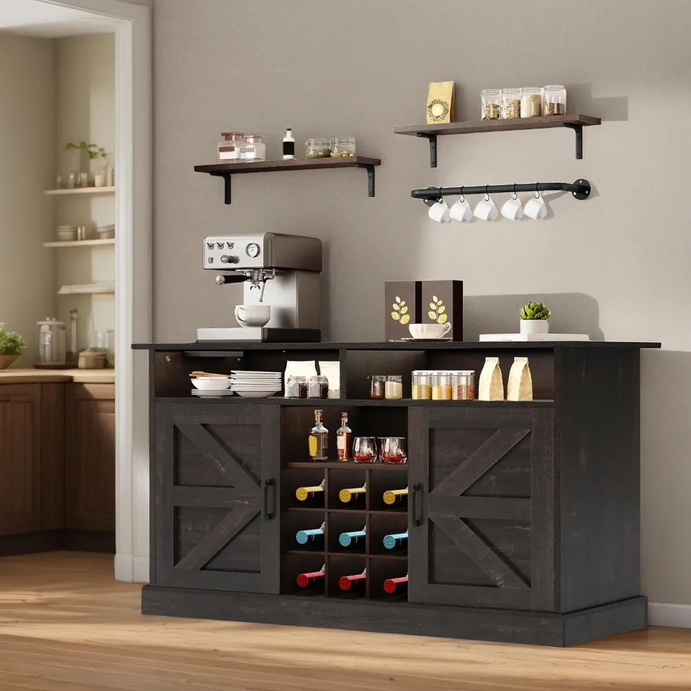 

Buffet Cabinet with Storage, 52" Farmhouse Coffee Bar with Power Outlet, Floating Shelves, Multi-Functional Storage Sideboard C