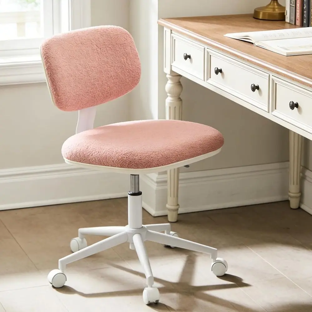 

Home Oice Chair No Arms with Wheels, ArmlDesk Chairs Comy Cute Pink Vanity Chair 20.1" Wide with Back Lumbar Support, Adjustable
