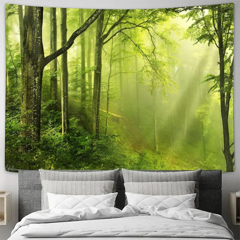 Sunlight Through Lush Green Forest Misty Morning Wall Tapestry Machine Washable All Season Decor Print Home Durable materials