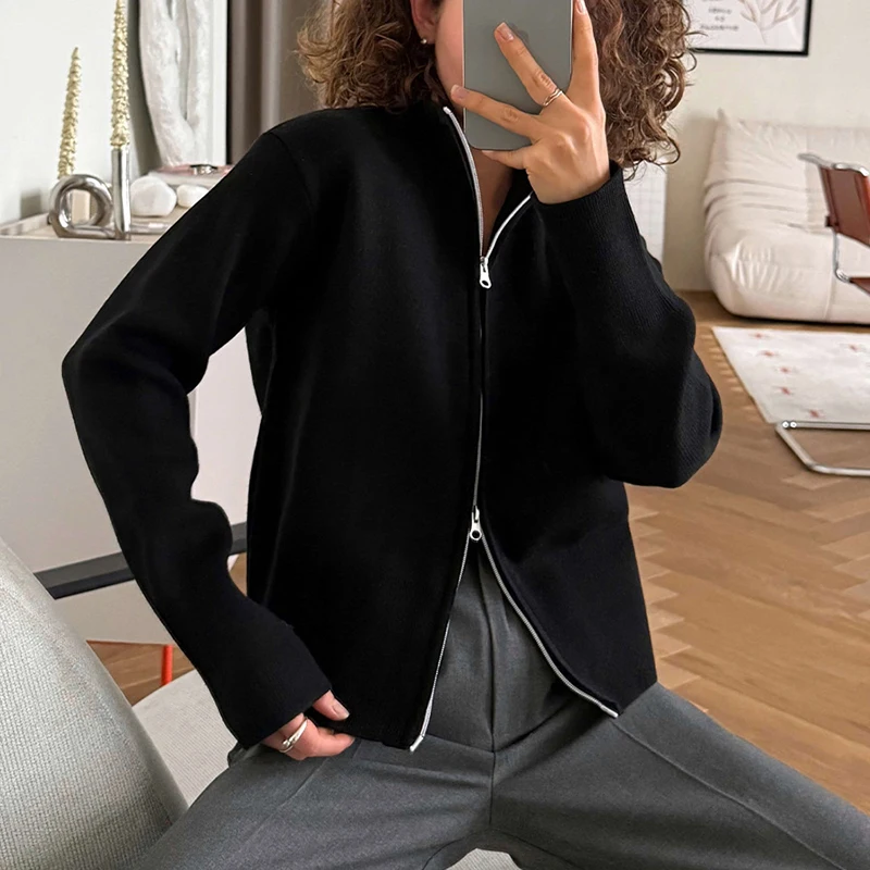 TARUXY Women's Stand Collar Zip Cardigan Long Sleeve Knit Sweater Jacket Double Zipper Solid Casual Commuting Street Autumn Coat