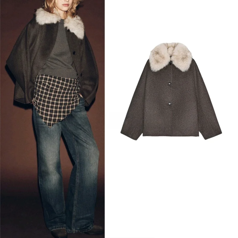 

Fall New Women's Long Sve Faux Fur Effect Jaet Collar Coat Breathable Loose Fit Polyester Fiber Inner Zipper Closure