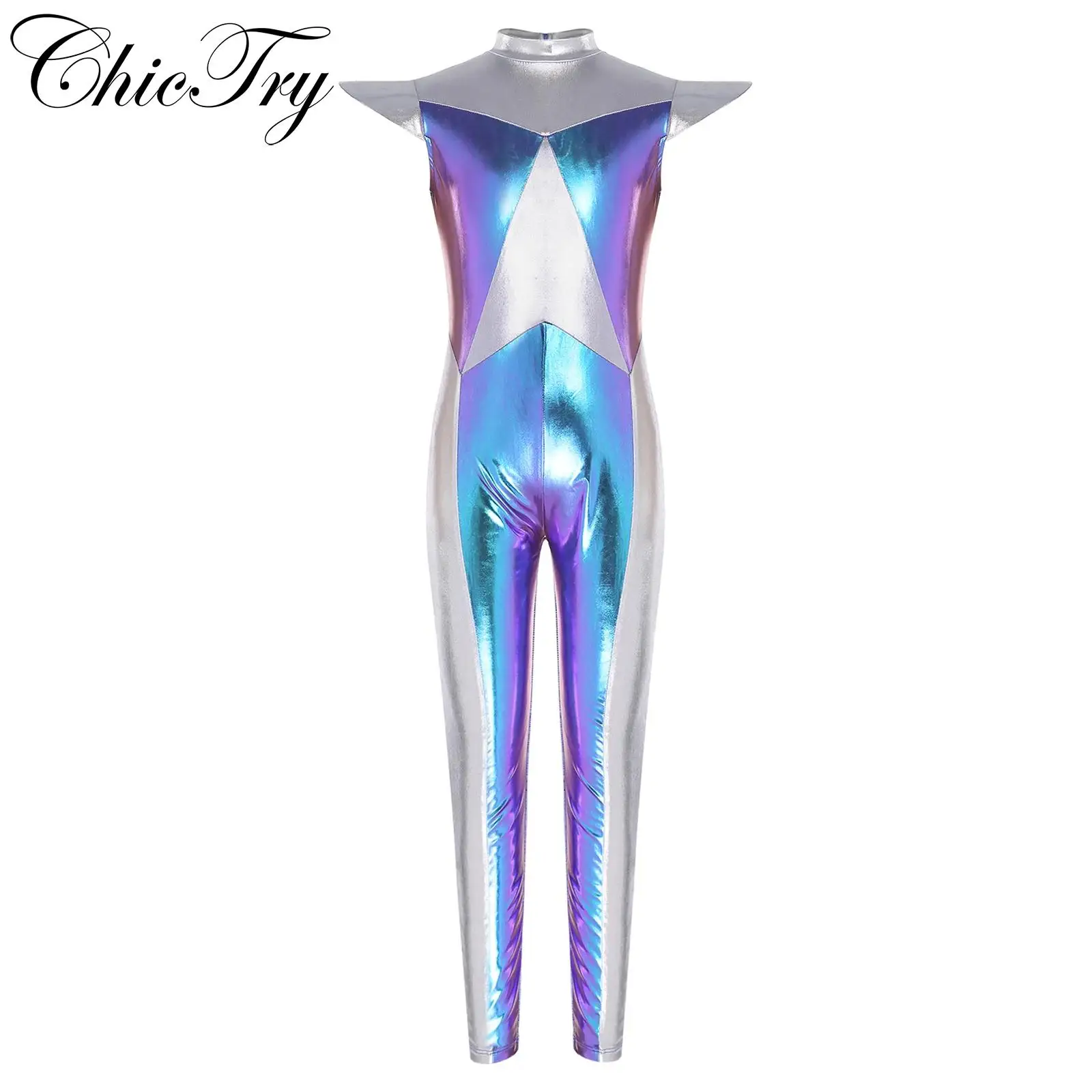 

Kids Girls Halloween Alien Outer Space Costume Cosplay Metallic Jumpsuit Cap Sleeve Color Block Design for Themed Party Dress Up