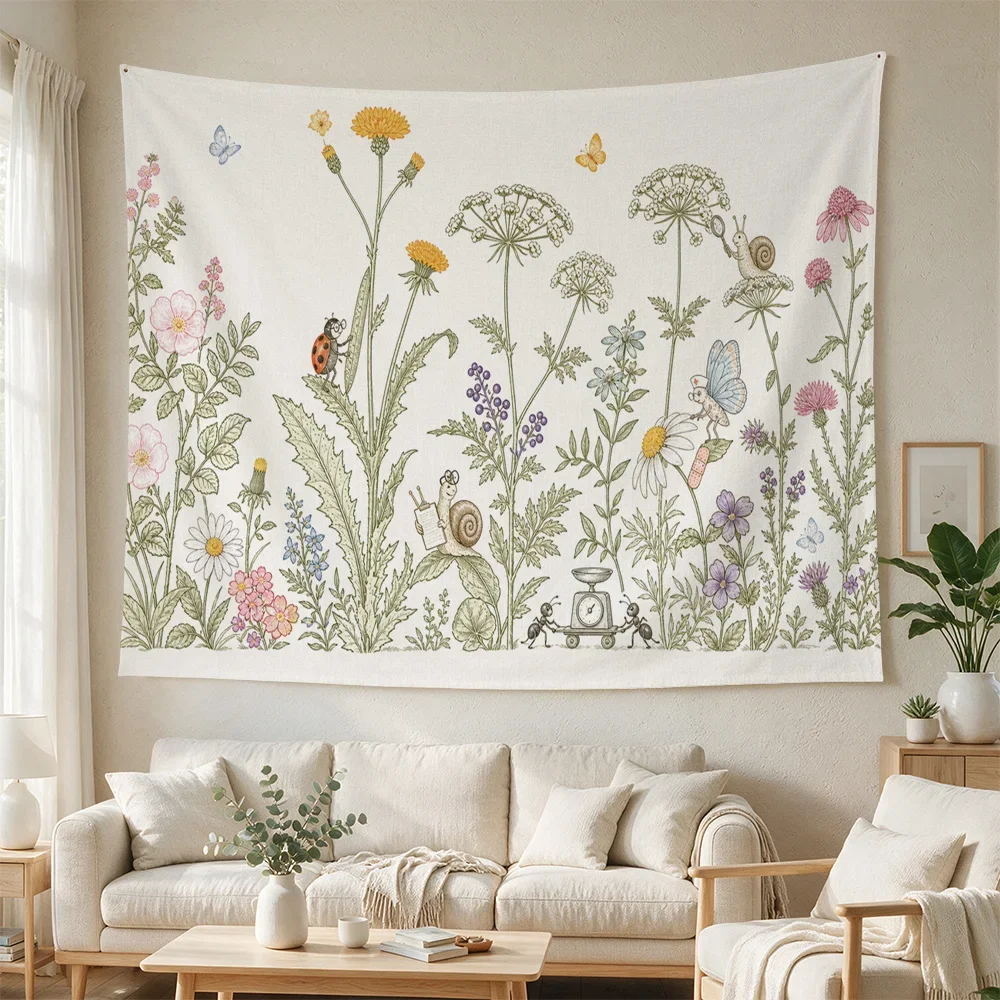 Boho Botanical Garden Wall Hanging Tapestry Macrame Floral Print Nursery Decor Boho Chic Wall Art