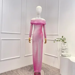 Pink Gradient Diamonds Long Dresses 2024 Original Quality Spring Summer New Arrival Sequins Chest Wrapping Women One-piece