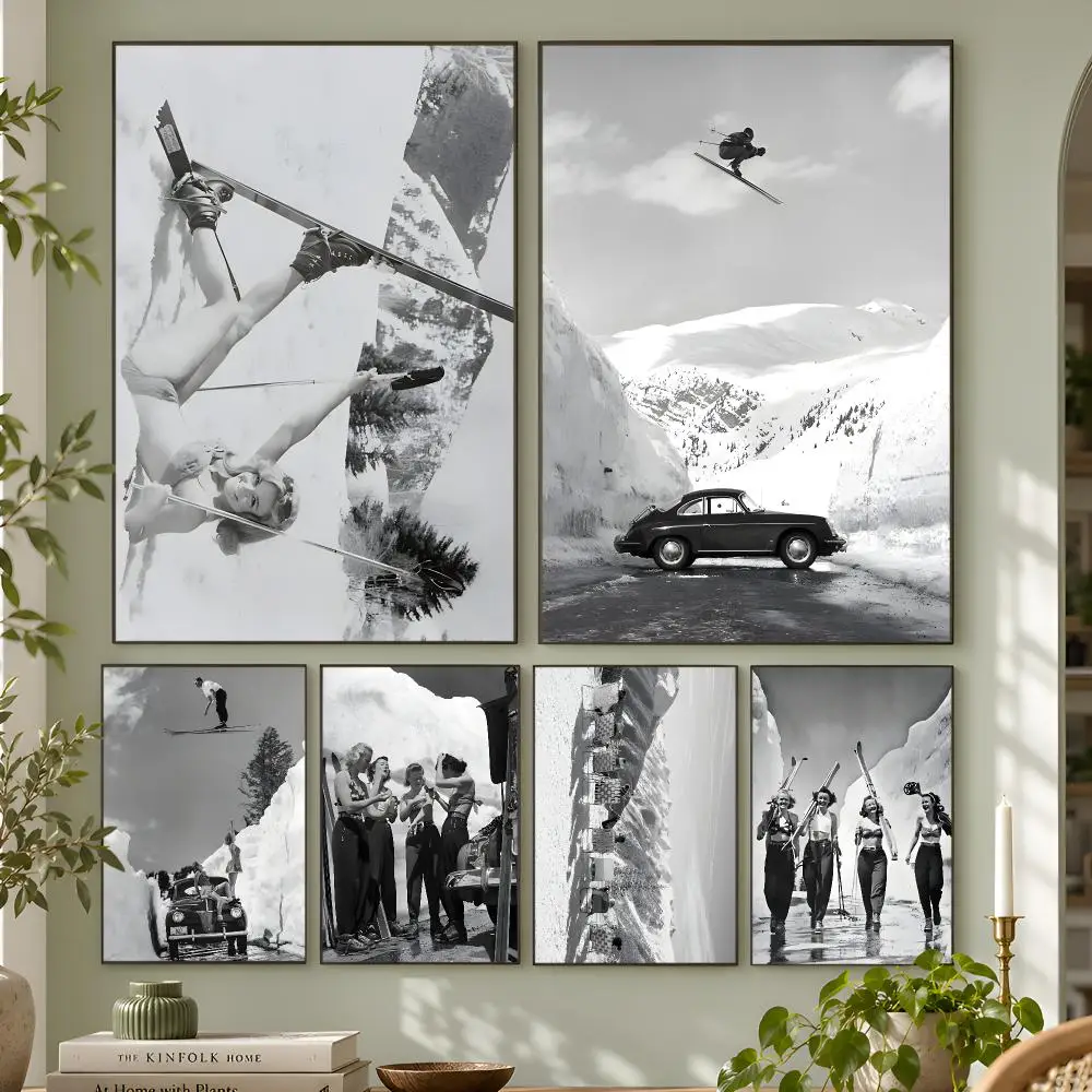 Vintage Ski Photo Print Road Gap Skier Jumps Girls Car Poster Wall Art Home Decor Living Room Bedroom Office Dorm Apartment Gift