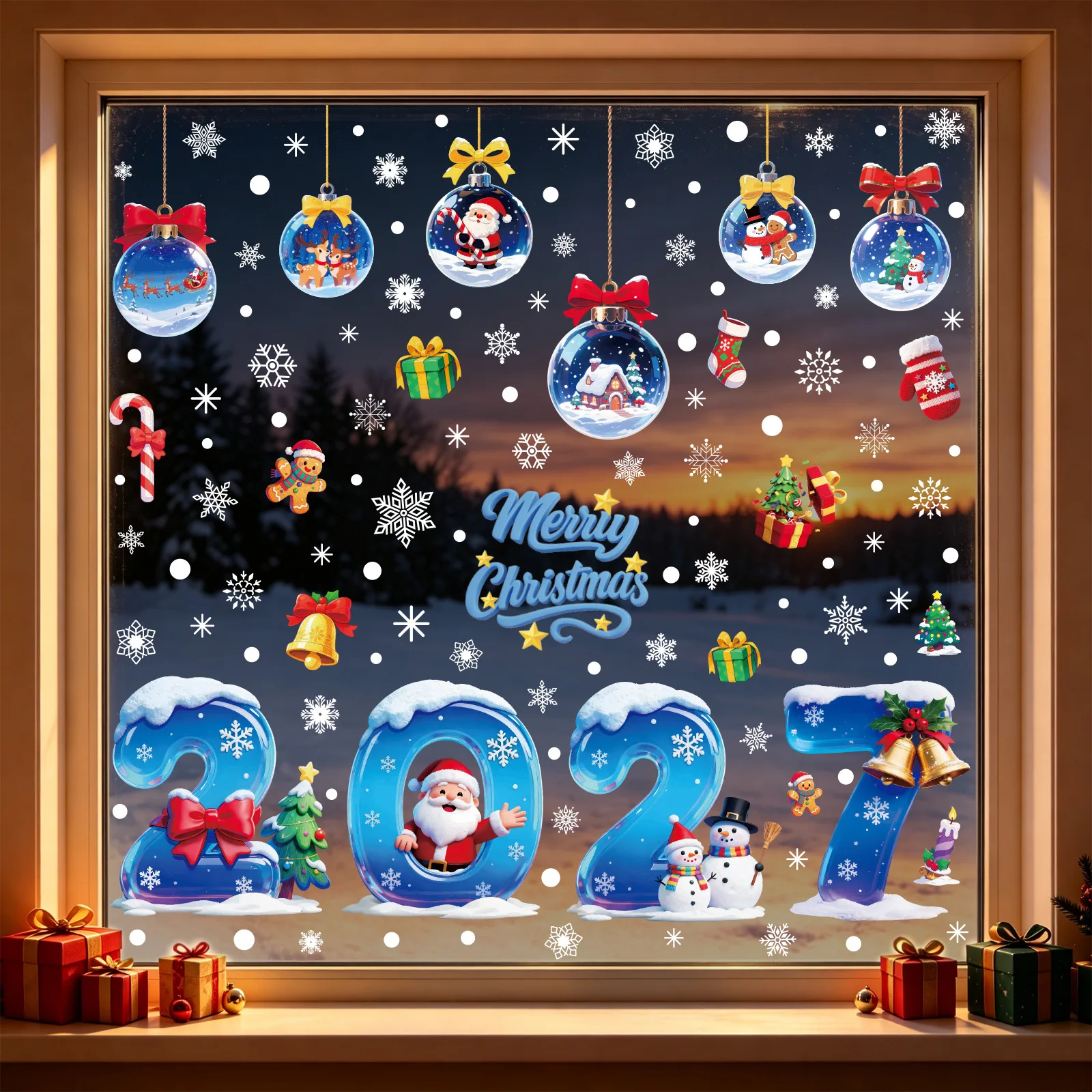 Xmas Home Decor, Static‑Cling Window Stickers with Snowman Bauble Santa Snowflake Patterns, Easy‑Remove Decals for Christmas