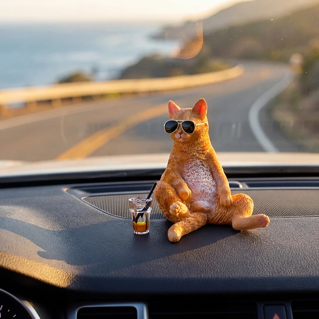 Resin Lazy Cat Car Dashboard Decor Cool Cat Figurine with Drink Cute Auto Ornament for Cat Lovers& New Driver Car Interior Decor