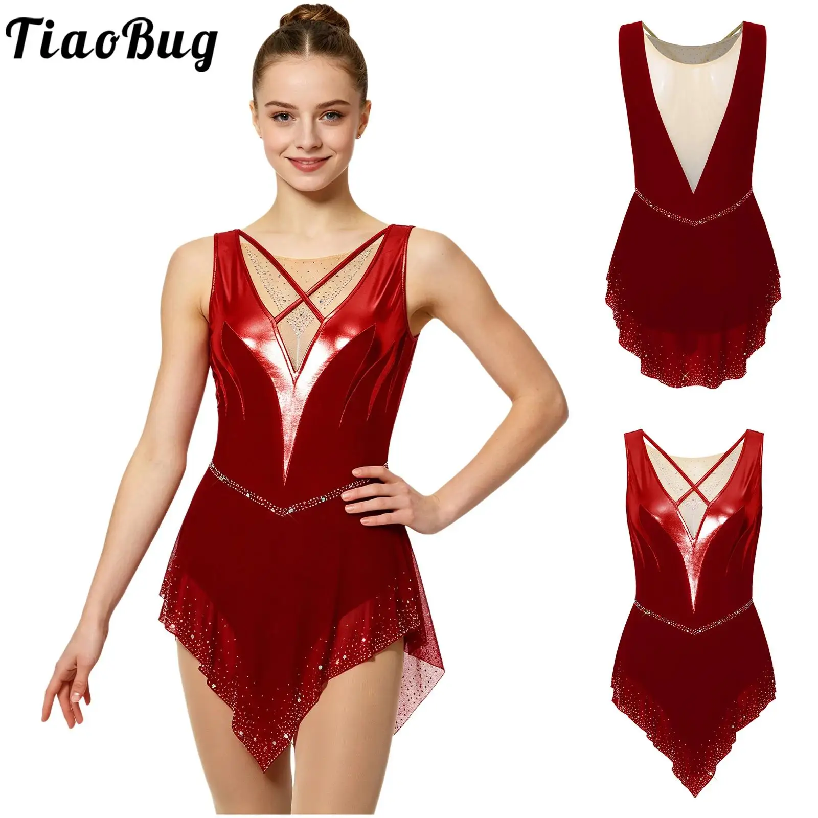 Women Figure Skating Bodysuit Dress Metallic Rhinestones Sleeveless Irregular Hem Leotards Dress for Gymnastics Latin Dance