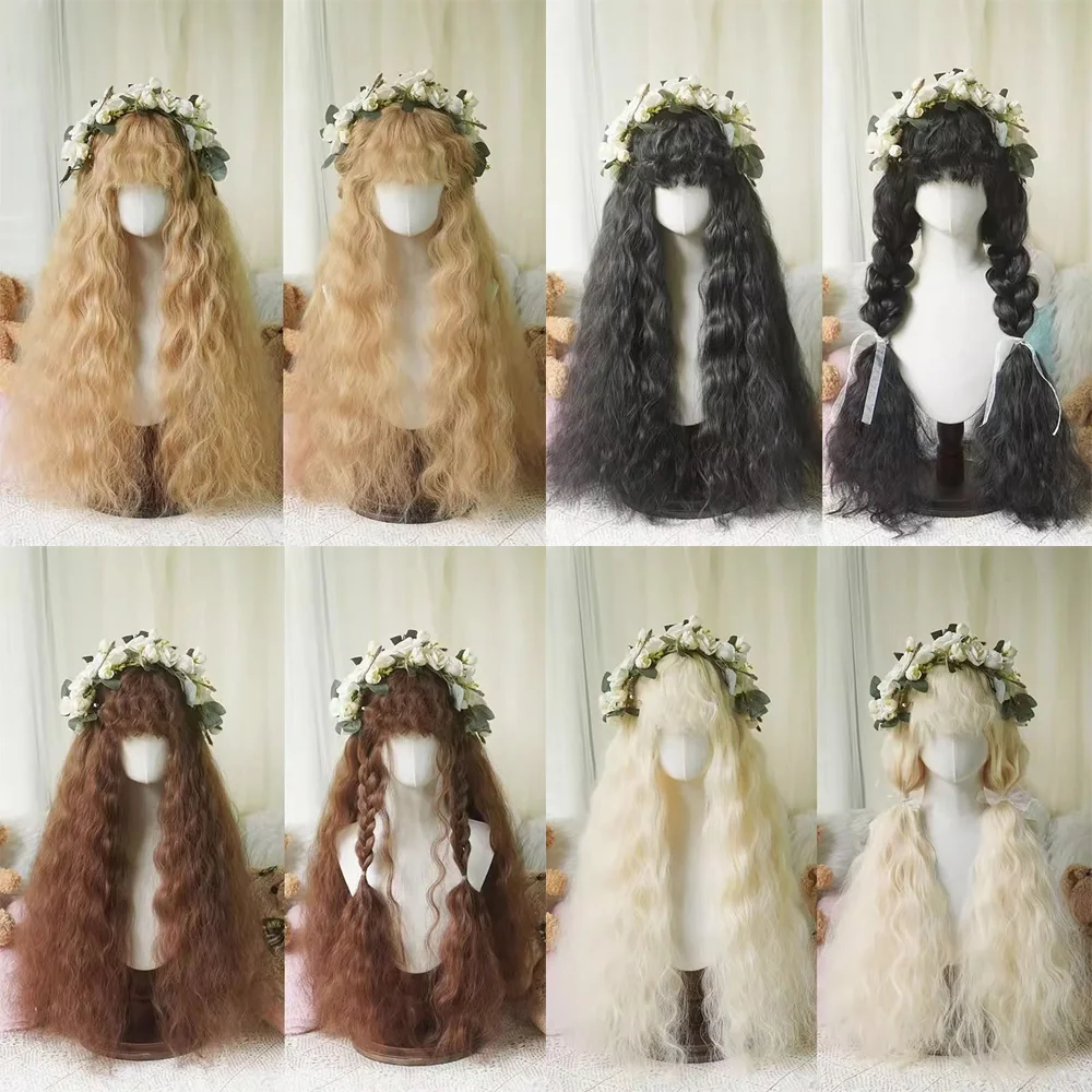 شعر صناعي مموج بطول 80 سم مع غرة، رقيق بشكل طبيعي، مناسب للحفلات اليومية للنساء، باروكات لوليتا للعب الأدوار