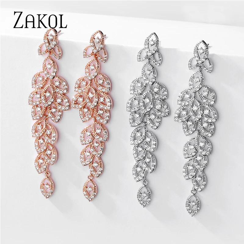 ZAKOL Luxury Cubic Zirconia Long Leaf Shape Dangle Earrings for Women Bride Romantic Bridesmaid Wedding Jewelry