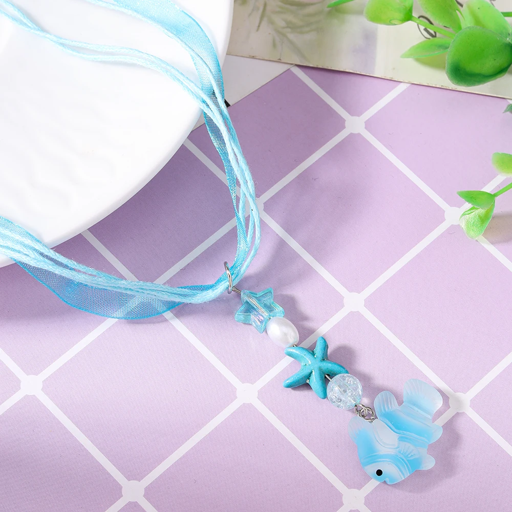 Aihua Kalung Ikan Kecil Bintang Laut Fashion untuk Hadiah Perhiasan Kalung Anak-anak Kartun Cantik Anak Perempuan Wanita Pantai Musim Panas