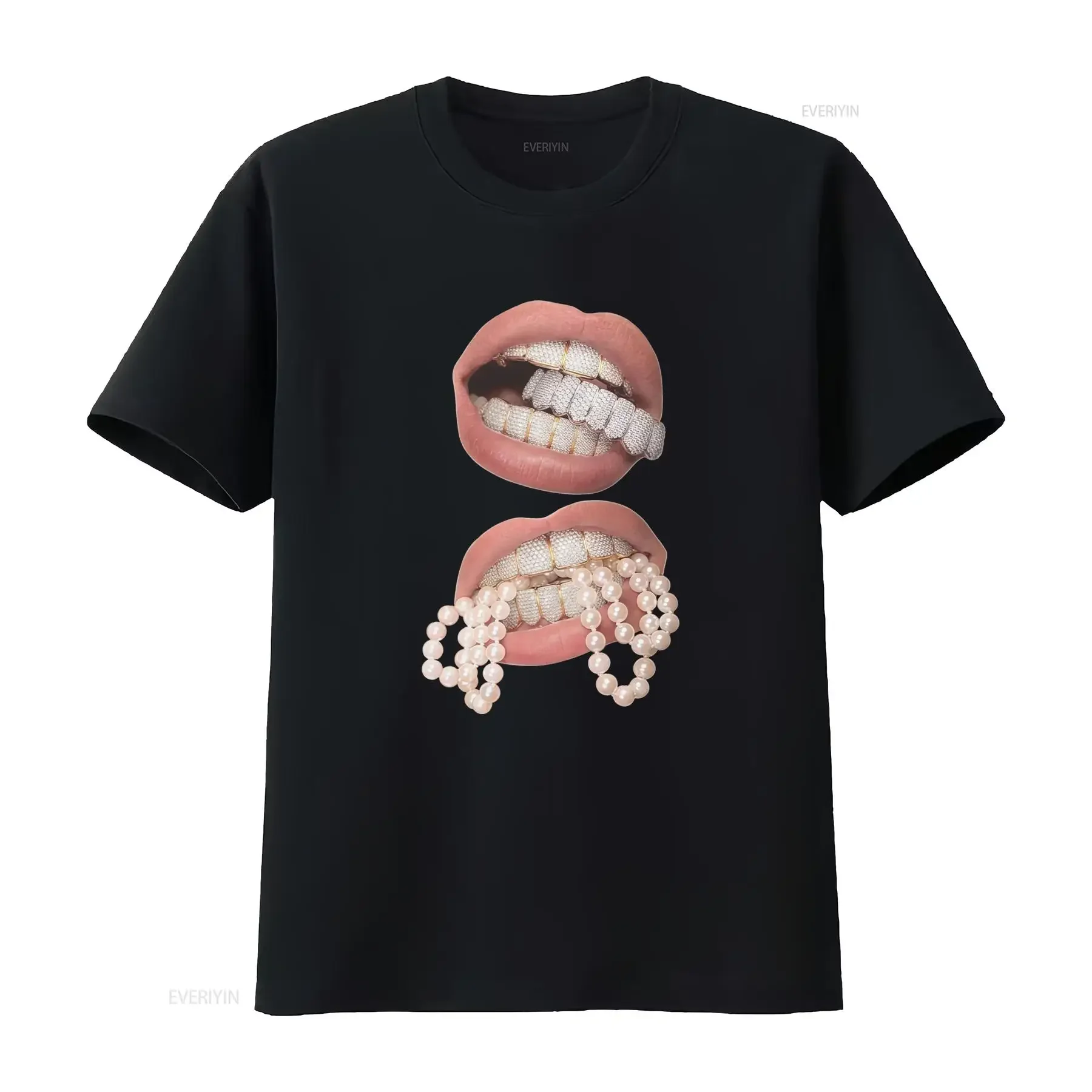 Double Pearls Grillz Lips Boxy Cotton T Shirt Opium Y2K Fashion Streetwear Crew Neck vintage Washed Soft Casual streetwear