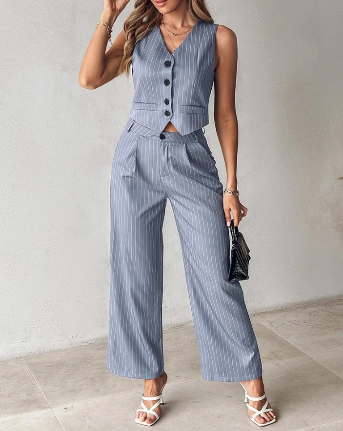 New Fashion 2024 Summer Casual Sexy Elegant Striped Buttoned Vest Top & Pocket Design Pants Set Womens Two Piece Sets Outfit