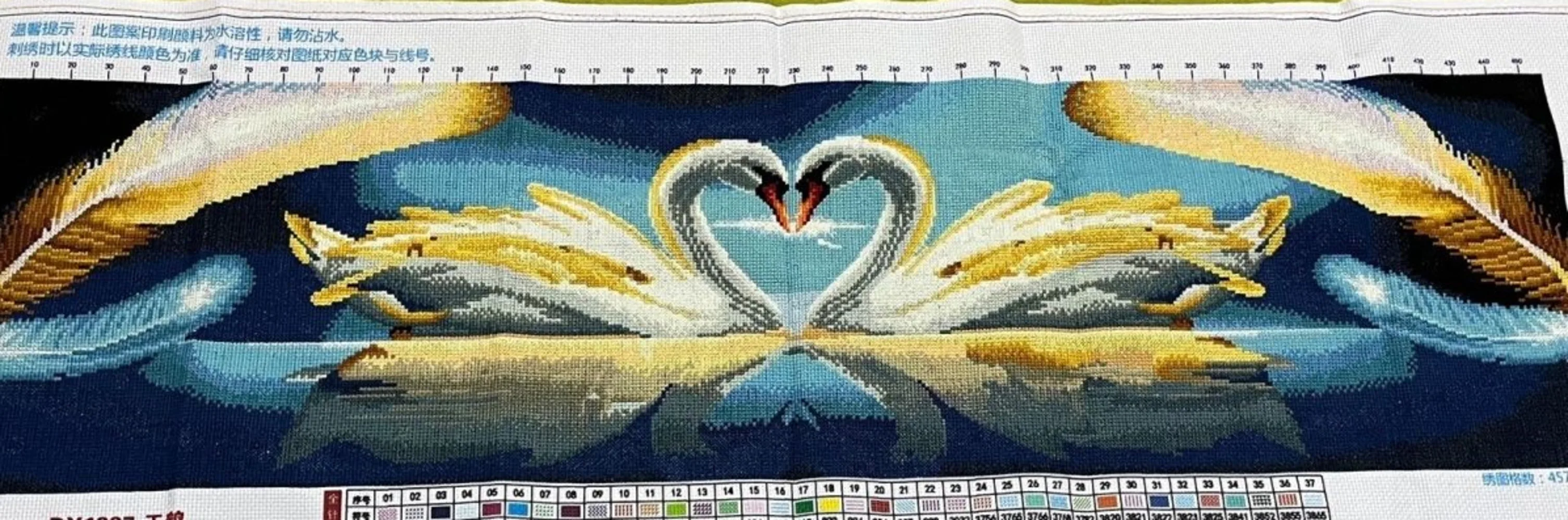 (Finished product) Pure handmade cross stitch finished product Swan Lake romantic living room 45 * 130 cm