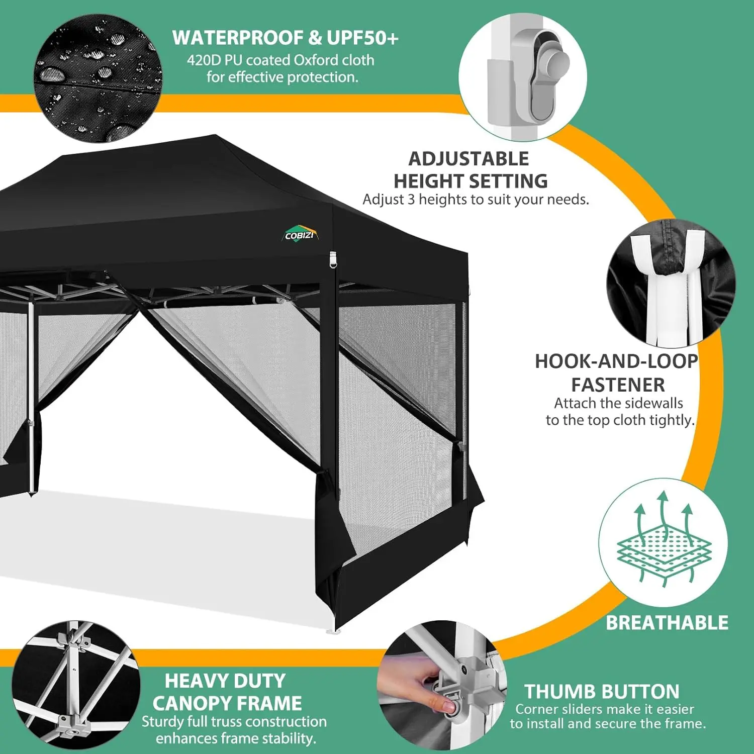 COBIZI 10x15 Pop up Canopy Tent with Sidewalls, Heavy Duty Easy up Outdoor Canopy with Mosquito Net Pop up Screen Tent for