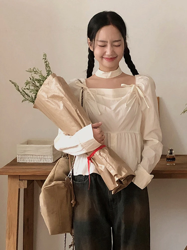 

White Women's irt Spring 2024 New Retro Square Collar Knot Ba Zipper ort Bubble Sve Blouse Korean Sle Lo...