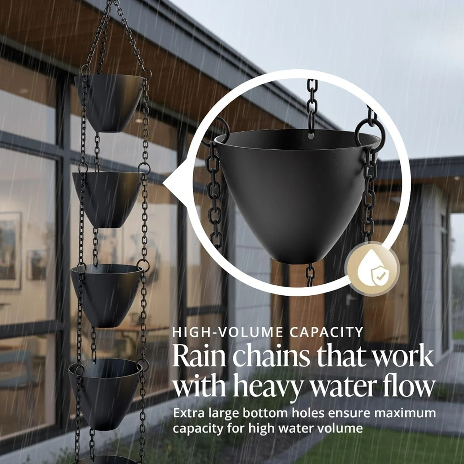 Decorative Rain Chains For Gutters Outdoor Weather Resistant Heavy Duty Downspout Chain Modern Patio Water Catcher Matte Black 9.5 Ft