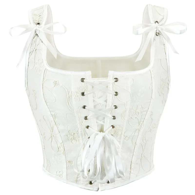 

Backless Vintage Corset Bustier Lingerie Bodice Overbust Lace Up Body Shaper Women Gothic Jacquard Crop Tops White