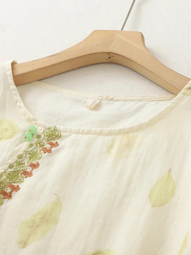 T-shirt ampia vestibilità ampia in lino di cotone ricamato retrò da donna Estate comoda stampa anti-età Top artistico sopra la testa