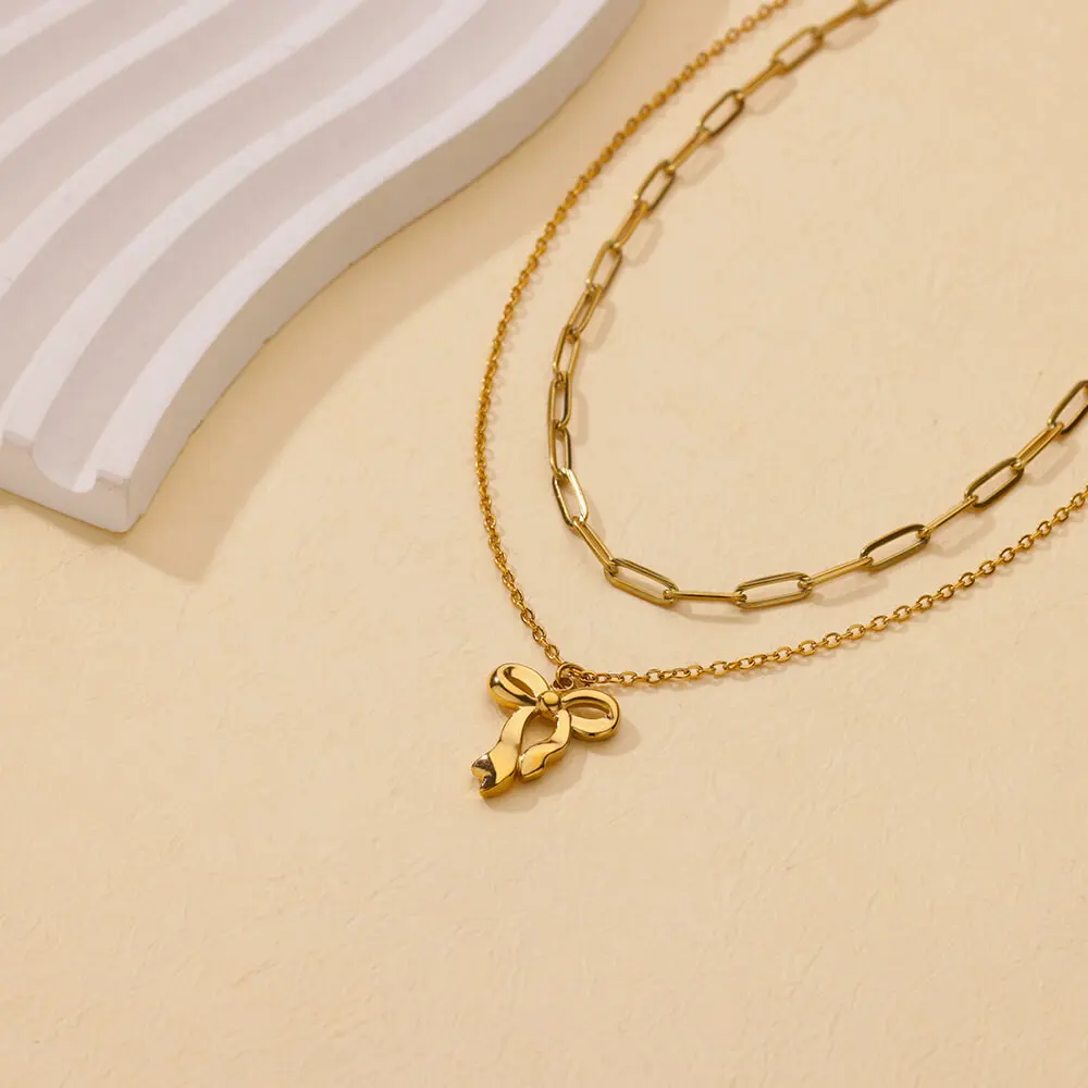 Bownot Pendant Stainless Steel Double Layer Chain Necklaces for Women Gold Color High Quality Bownot Wedding Necklace Jewelry