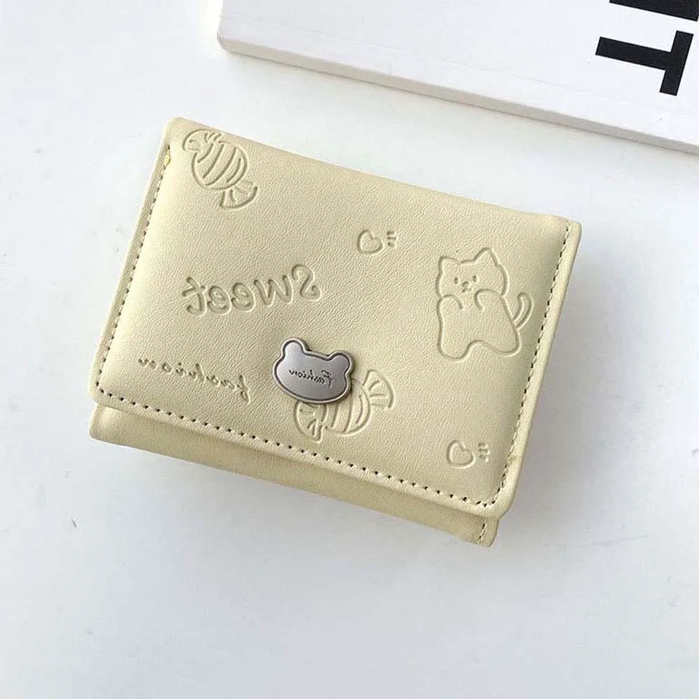 

Pouch Portable Cartoon Cat Purses PVC Printed Lady Short PU Wallet Snap Button Anti-Splash Water Triple Fold Card Bag Daily