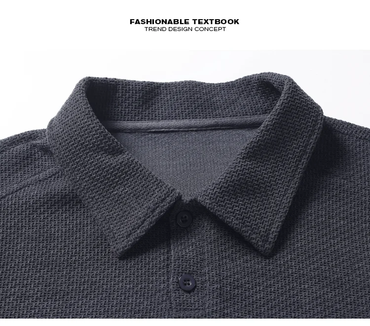 Herren-Poloshirt mit strukturierter Oberfläche, langen Ärmeln, Reverskragen, lockerer, übergroßer Passform, lässig, für den täglichen Gebrauch, einfarbig, modische Oberteile für Herren. – Detail 7