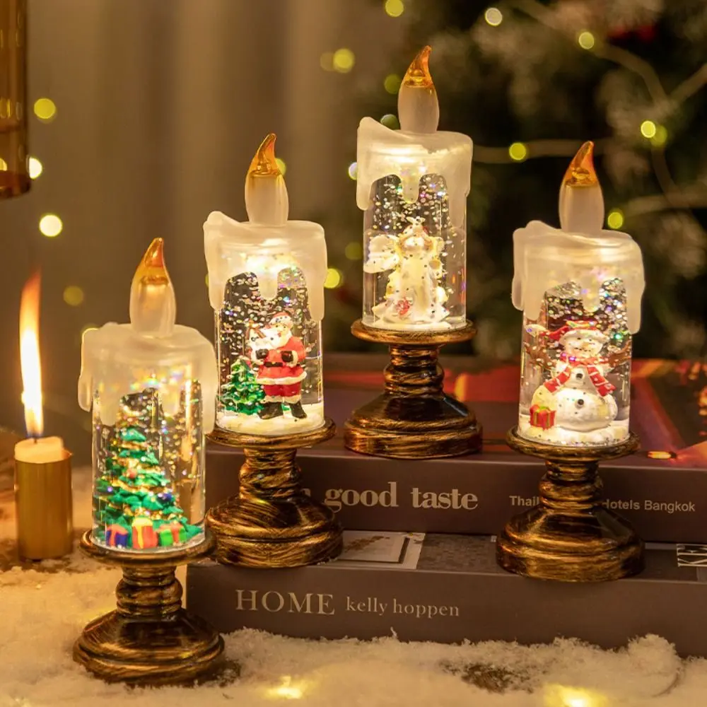 Velas LED luminosas de Navidad, luces con purpurina, árbol de Navidad, linterna de viento, vela eléctrica, Papá Noel, muñeco de nieve, luz nocturna Vintage