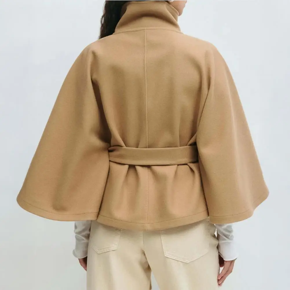 Women's Fashion Cape Stand Collar Button Belt Trench Coat Autumn Winter New Loose Long Sleeve Simple Female Office Tweed Coat