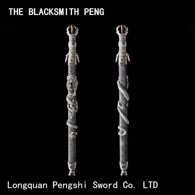 Immovable Ming King hand forged Wootz overlying clay burning blade shark skin sheath gilded silver copper fittings Chinese sword