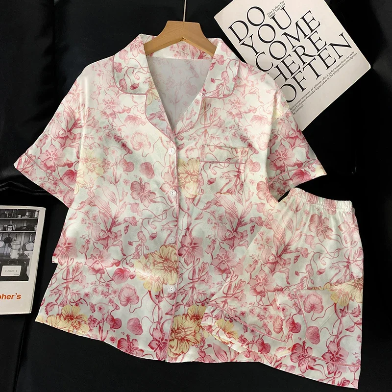 Romantic Faux Stain Women's Pajamas Aesthetics China Style Flower Print Homewear Summer New Short Sleeve Shorts Silk Pyjamas