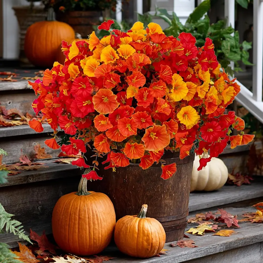 Artificial Flowers Outdoor Morning Glory - 16 Bundles Fake Plants UV Resistant No Fade Faux Plastic Greenery Home Garden Porc