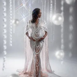 Luxury Sequin Maternity Robes To Photo Shoot Sexy Sheer See Thru Mesh Cloak Sleeves Tight Dress Birthday Party Celebrity Dress